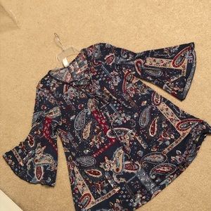 Blue/multi colored tunic with bell sleeves